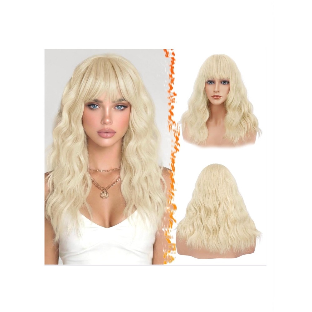 BARSDAR 18 Inch Blonde Wavy Wig with Bangs Synthetic Medium Length Curly Hair